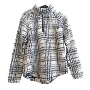 Halcyon White with Black Abstract Plaid Pattern Half Zip Popover Sherpa Sweater